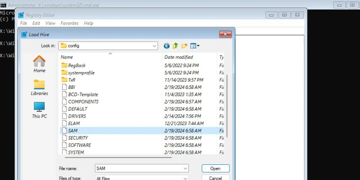 Chọn tệp SAM trong thư mục config để tải Hive vào Registry Editor nhằm sửa lỗi hồ sơ người dùng.