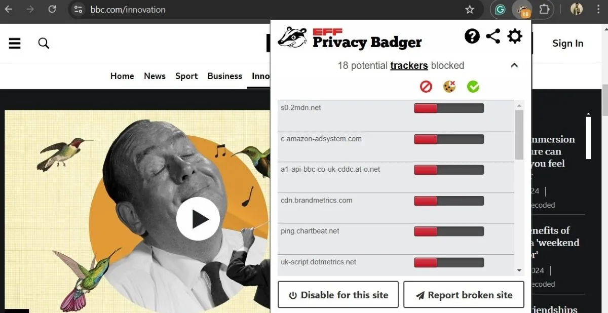 Chrome hiển thị trang web BBC với tiện ích mở rộng Privacy Badger