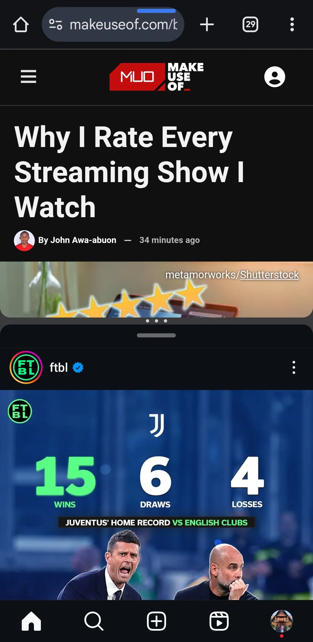 Chrome và Instagram hiển thị ở chế độ chia đôi màn hình trên điện thoại Android