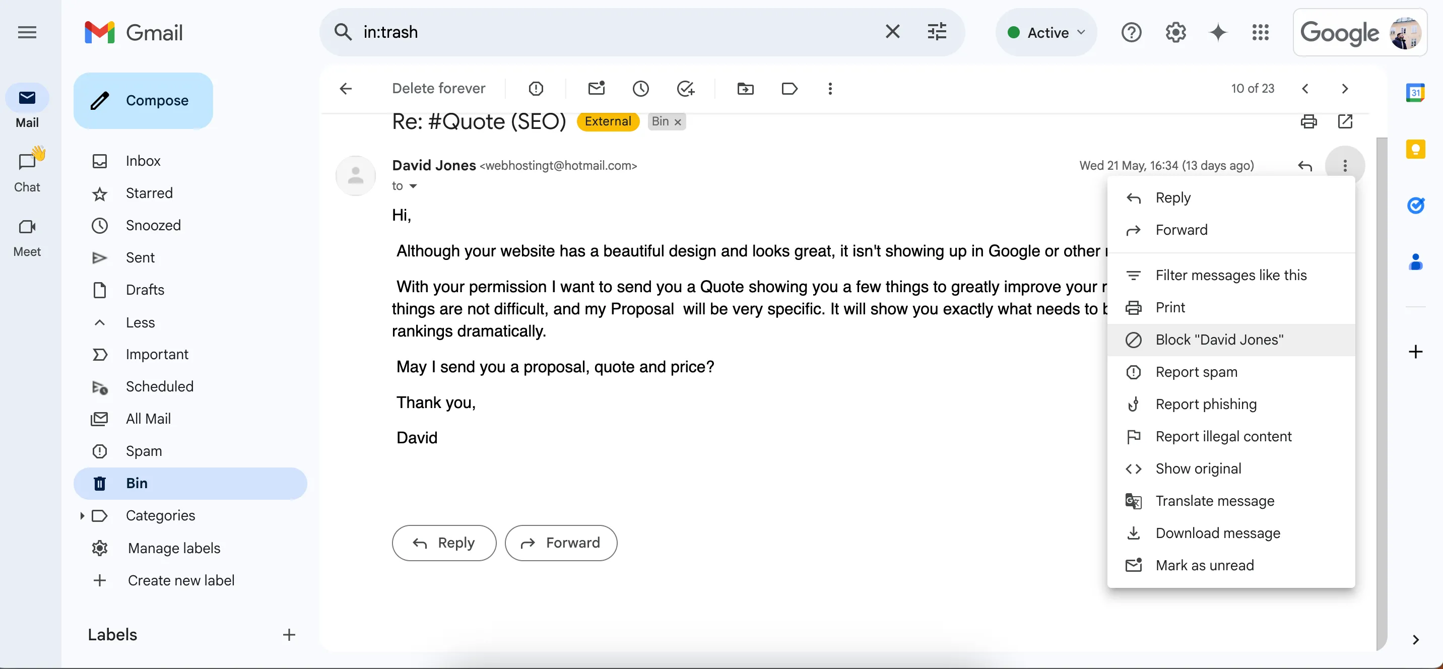 Chức năng chặn người gửi trong ứng dụng Gmail, giúp ngăn chặn thư rác và các email không mong muốn.