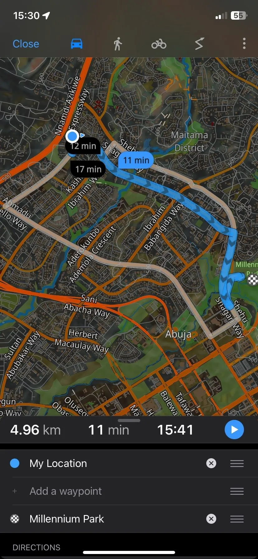 Chức năng định vị lộ trình ô tô trên Guru Maps, với khả năng tùy chỉnh và kiểm soát cao cho người dùng.
