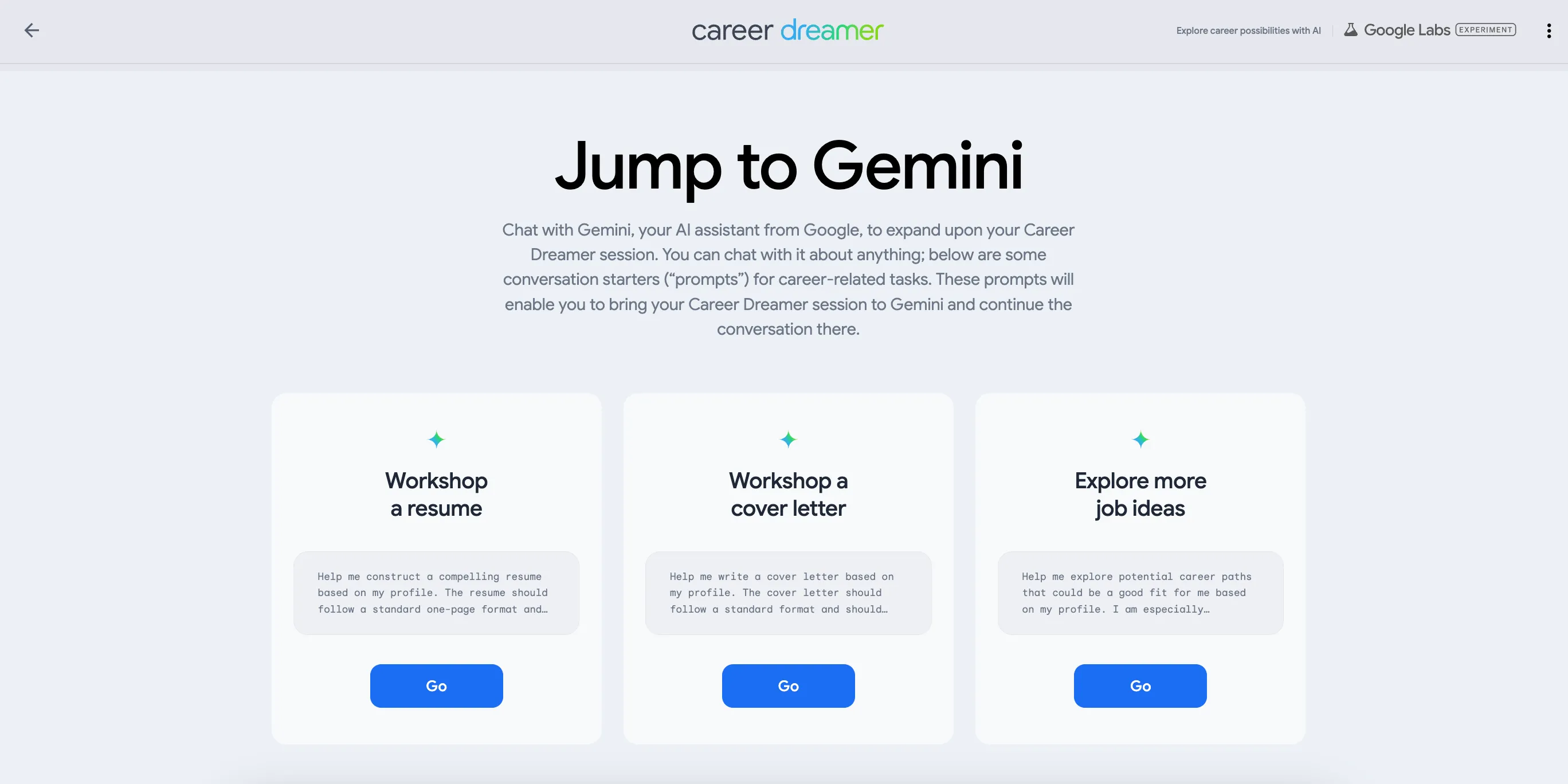 Chức năng Jump to Gemini trong Career Dreamer