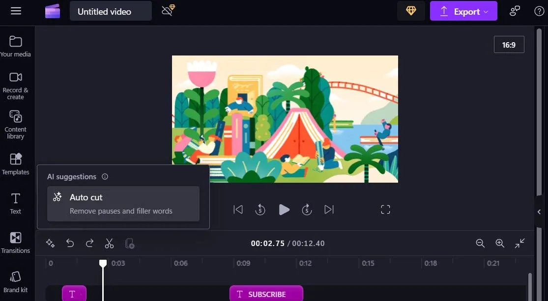 Chức năng tự động cắt khoảng lặng và từ đệm trong Clipchamp