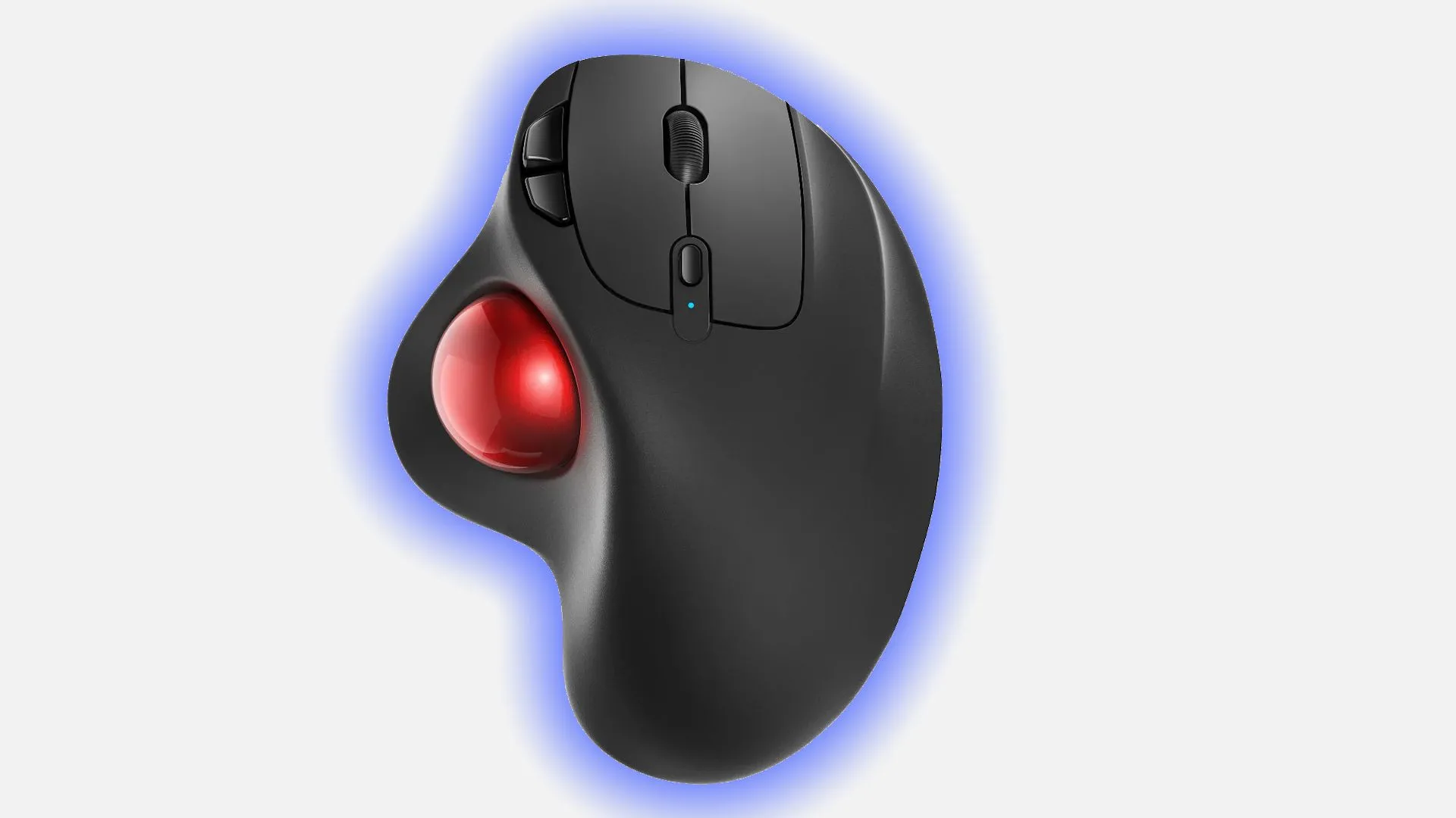 chuột trackball Nulea M501 nhìn từ trên xuống, thể hiện thiết kế công thái học và bi lăn màu đỏ.