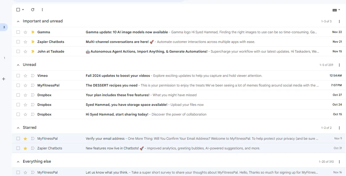 Chụp màn hình hộp thư ưu tiên của Gmail, hiển thị khả năng phân loại email thông minh thành các danh mục khác nhau.