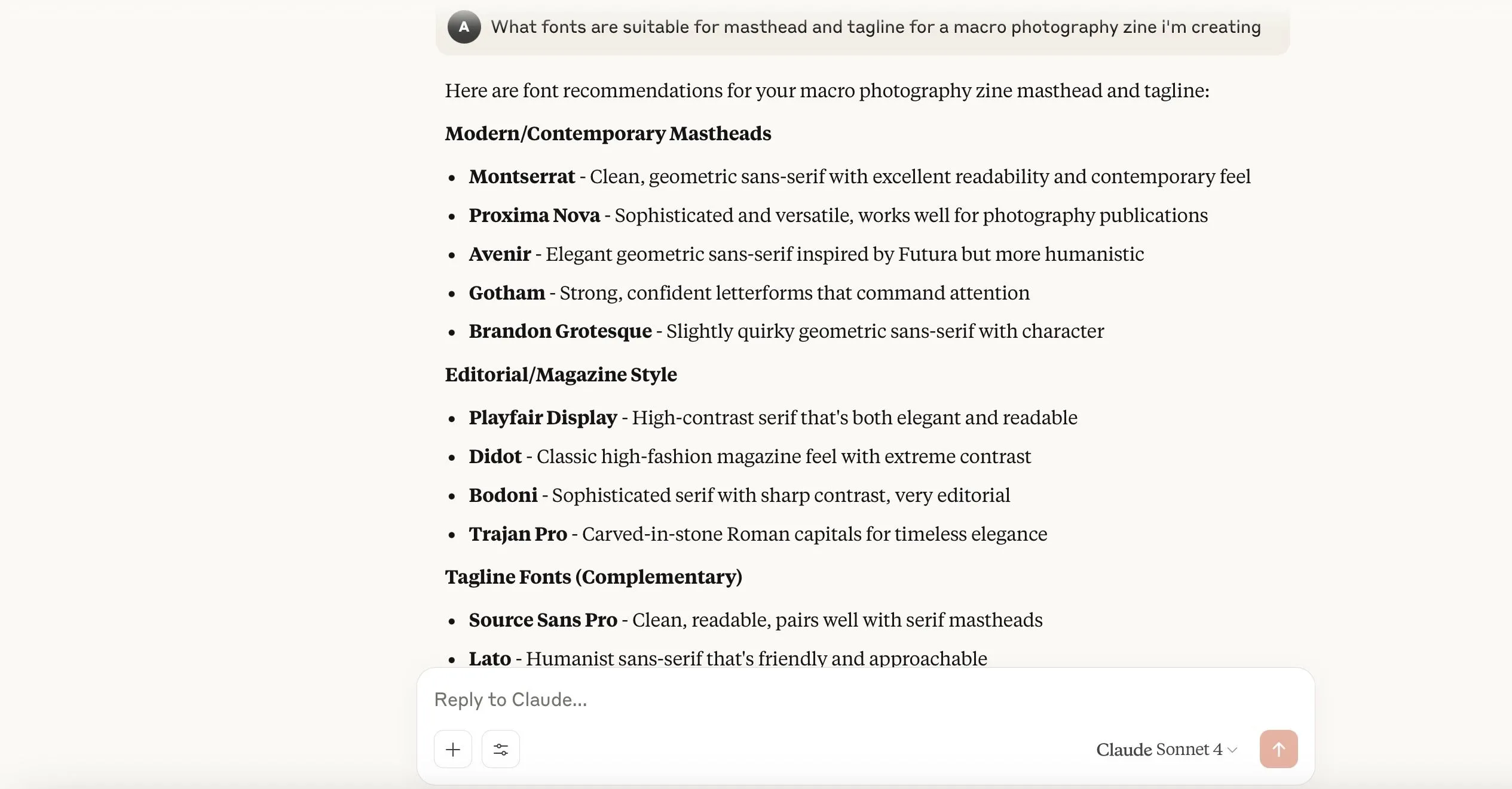 Claude hiển thị các ý tưởng Typography rõ ràng, dễ đọc cho người dùng tìm kiếm thông tin thiết kế