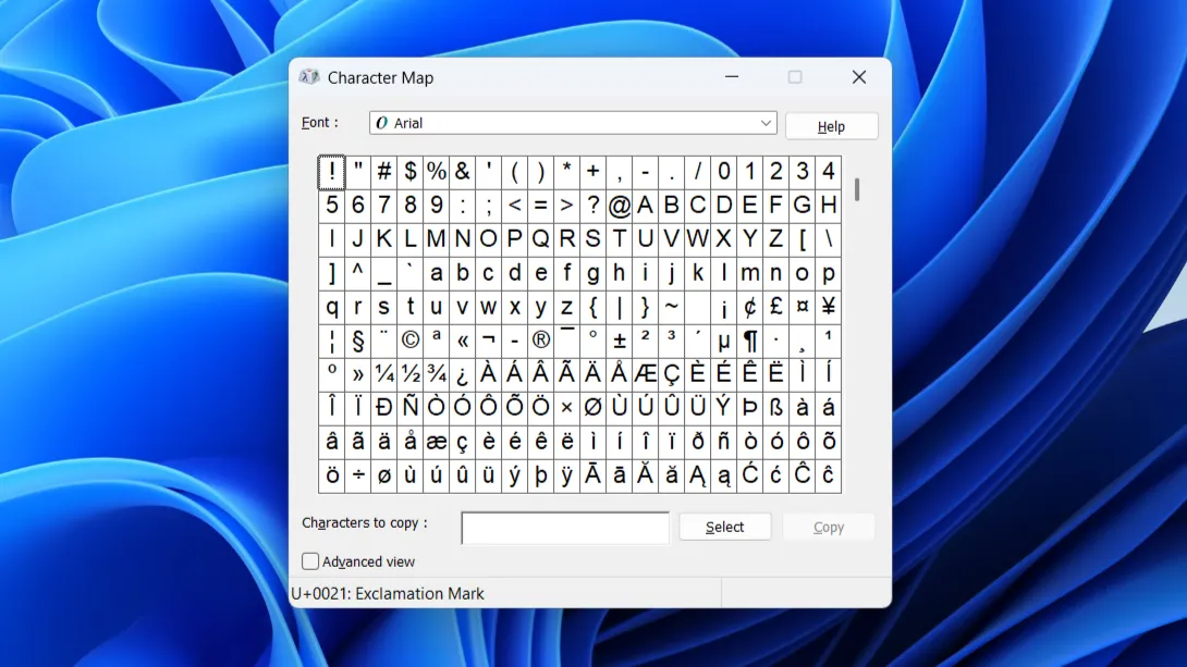 Công cụ Bảng Ký Tự (Character Map) hiển thị các ký tự đặc biệt trên Windows 11