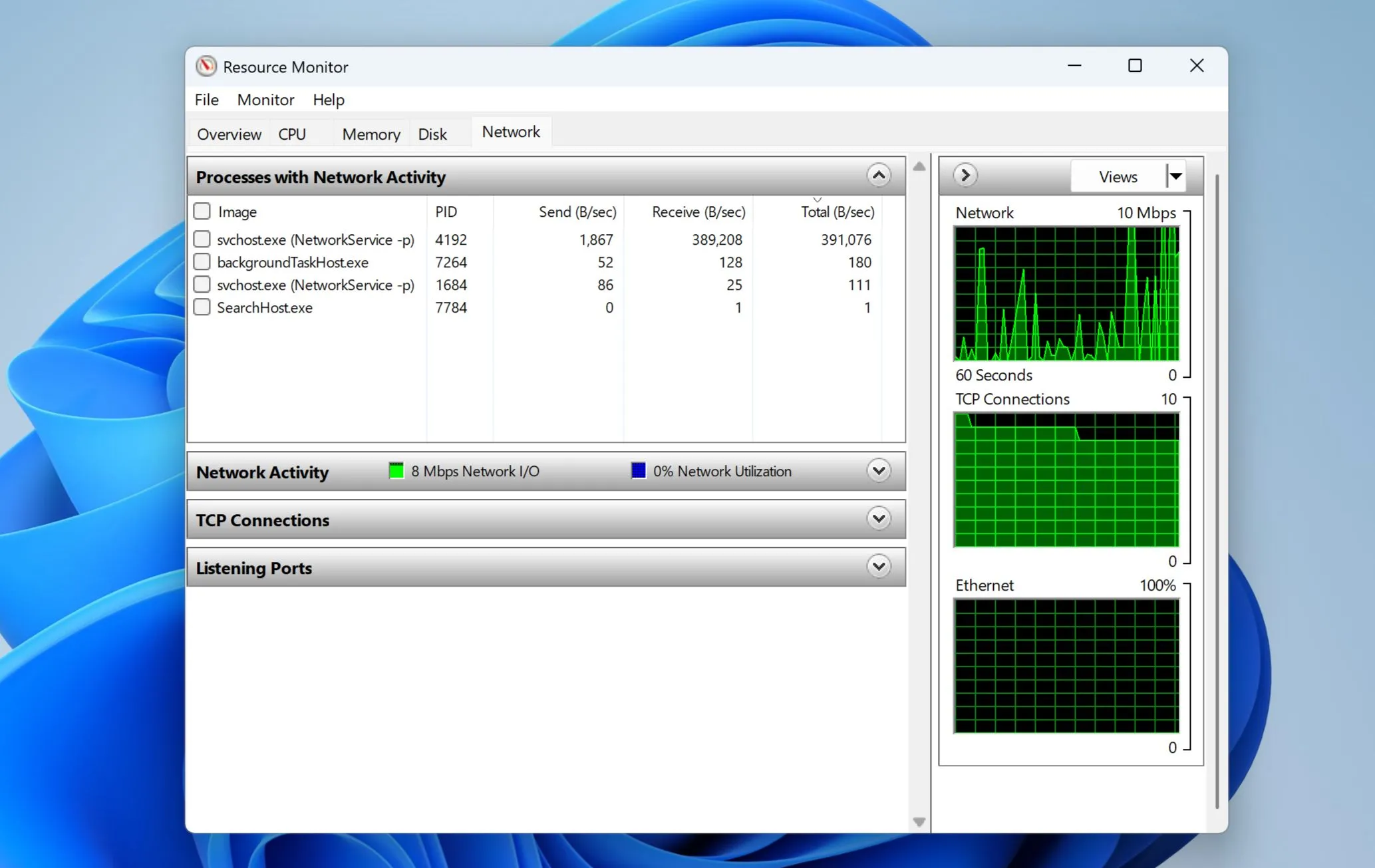 Công cụ Giám Sát Tài Nguyên (Resource Monitor) trên Windows 11 hiển thị mức sử dụng mạng