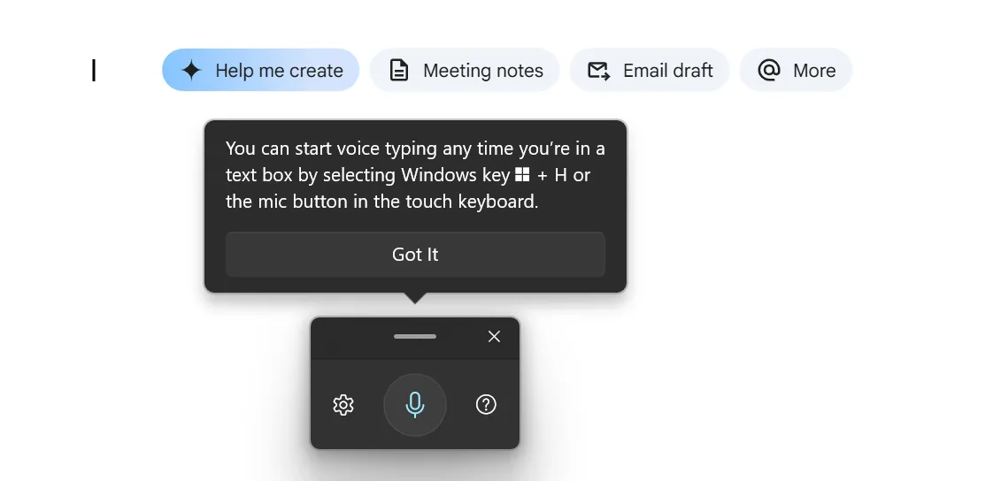 Công cụ gõ giọng nói của Windows được kích hoạt trên tài liệu Google Docs trống