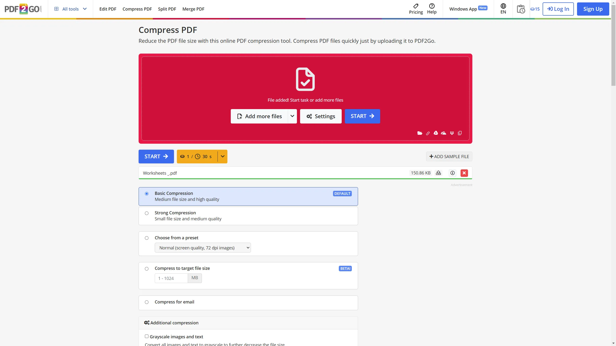Công cụ nén PDF2Go hiển thị đa dạng các tùy chọn nén và cài đặt.