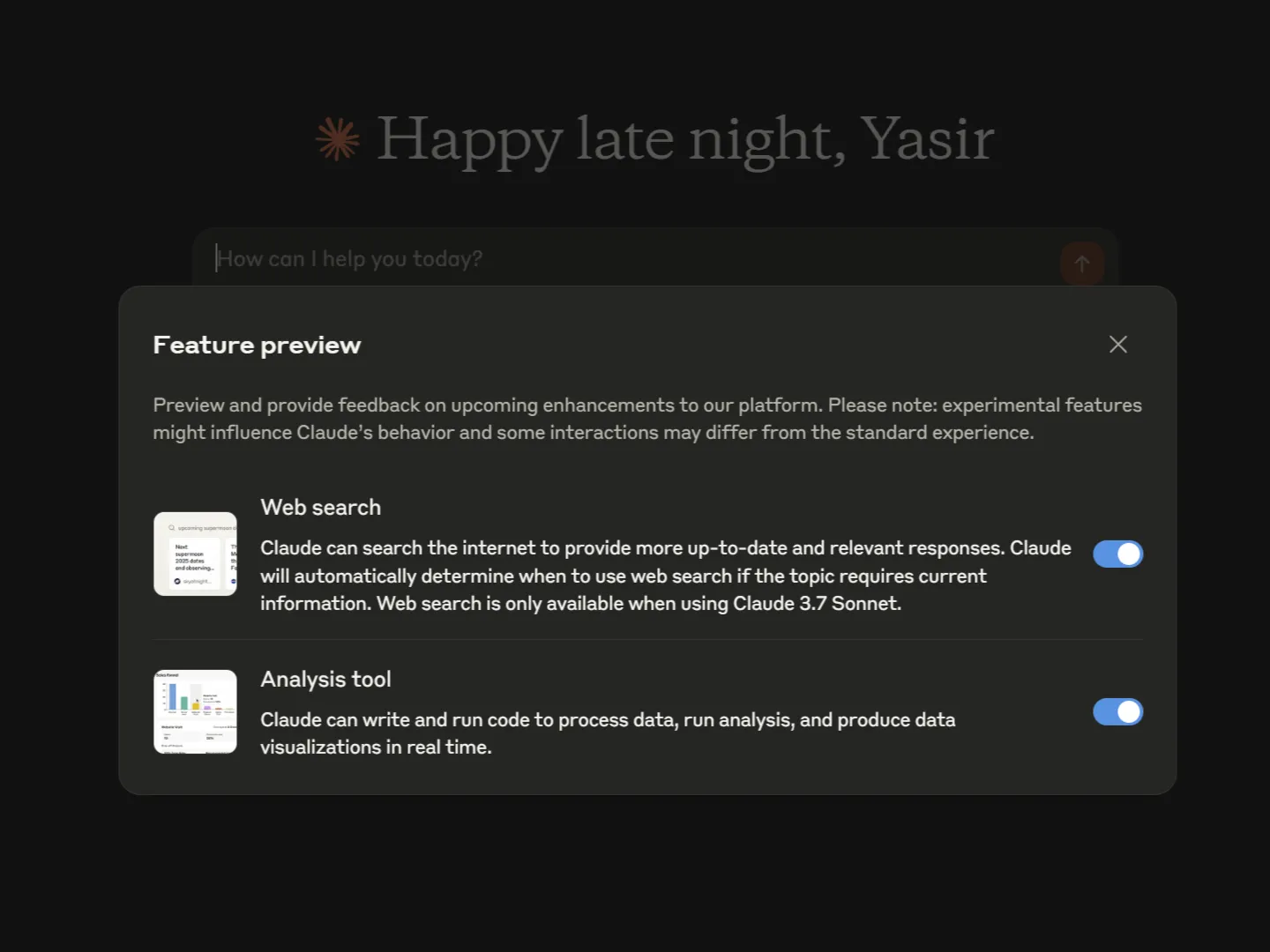 Công cụ phân tích của Claude được bật trong Feature Preview