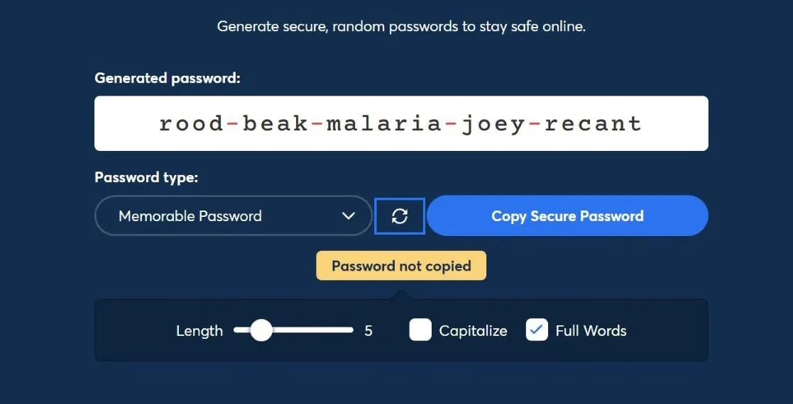 Công cụ tạo cụm mật khẩu (passphrase) ngẫu nhiên trong 1Password, hỗ trợ tạo mật khẩu mạnh và dễ nhớ.