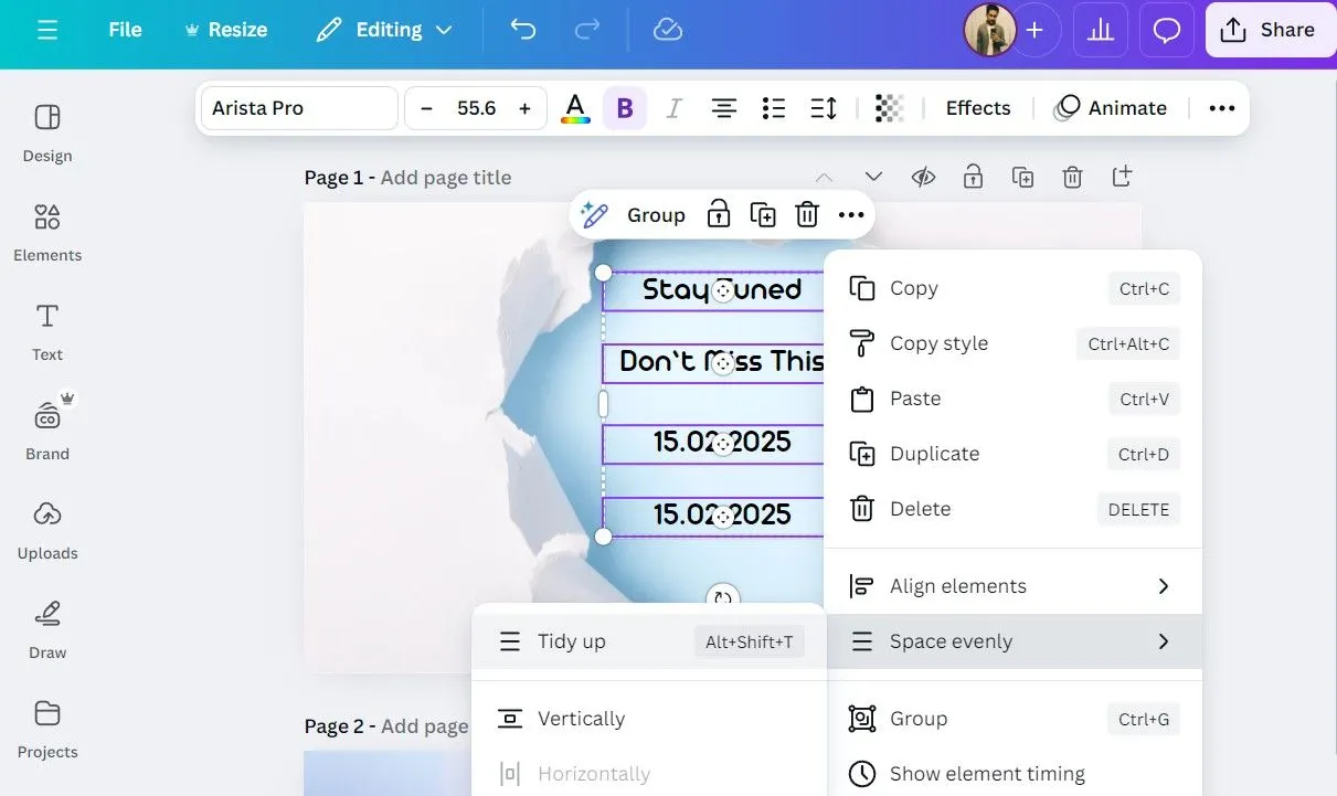 Công cụ Tidy Up (Sắp xếp gọn gàng) trong ứng dụng Canva trên máy tính