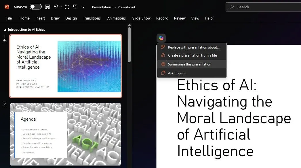 Copilot trong PowerPoint tạo bản tóm tắt súc tích từ bài thuyết trình dài