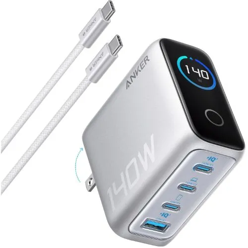 Củ sạc Anker 140W màu xám bạc với thiết kế hiện đại, nhỏ gọn
