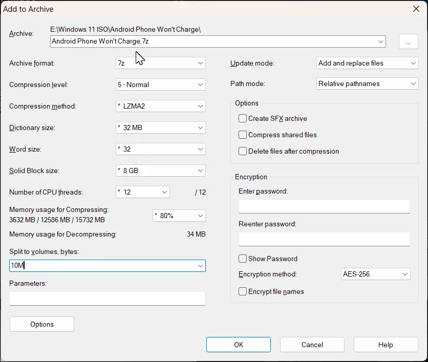 Cửa sổ 7-Zip Add to Archive trên Windows 11 hiển thị tùy chọn Split to volumes