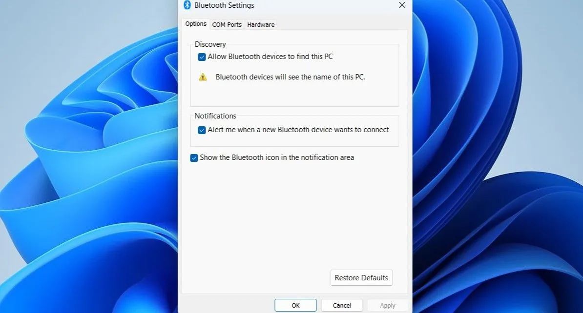 Cửa sổ cài đặt Bluetooth trên Windows