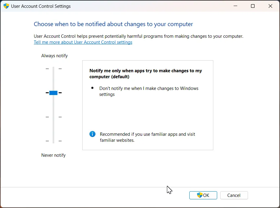 Cửa sổ cài đặt Kiểm soát Tài khoản Người dùng (UAC) trên Windows 11 hiển thị các tùy chọn mức độ thông báo và bảo mật.