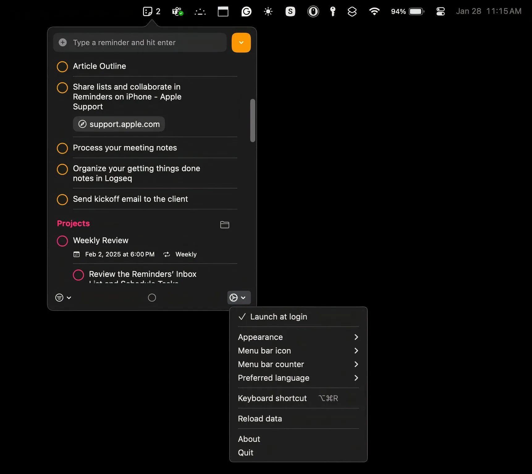 Cửa sổ cài đặt Reminders MenuBar