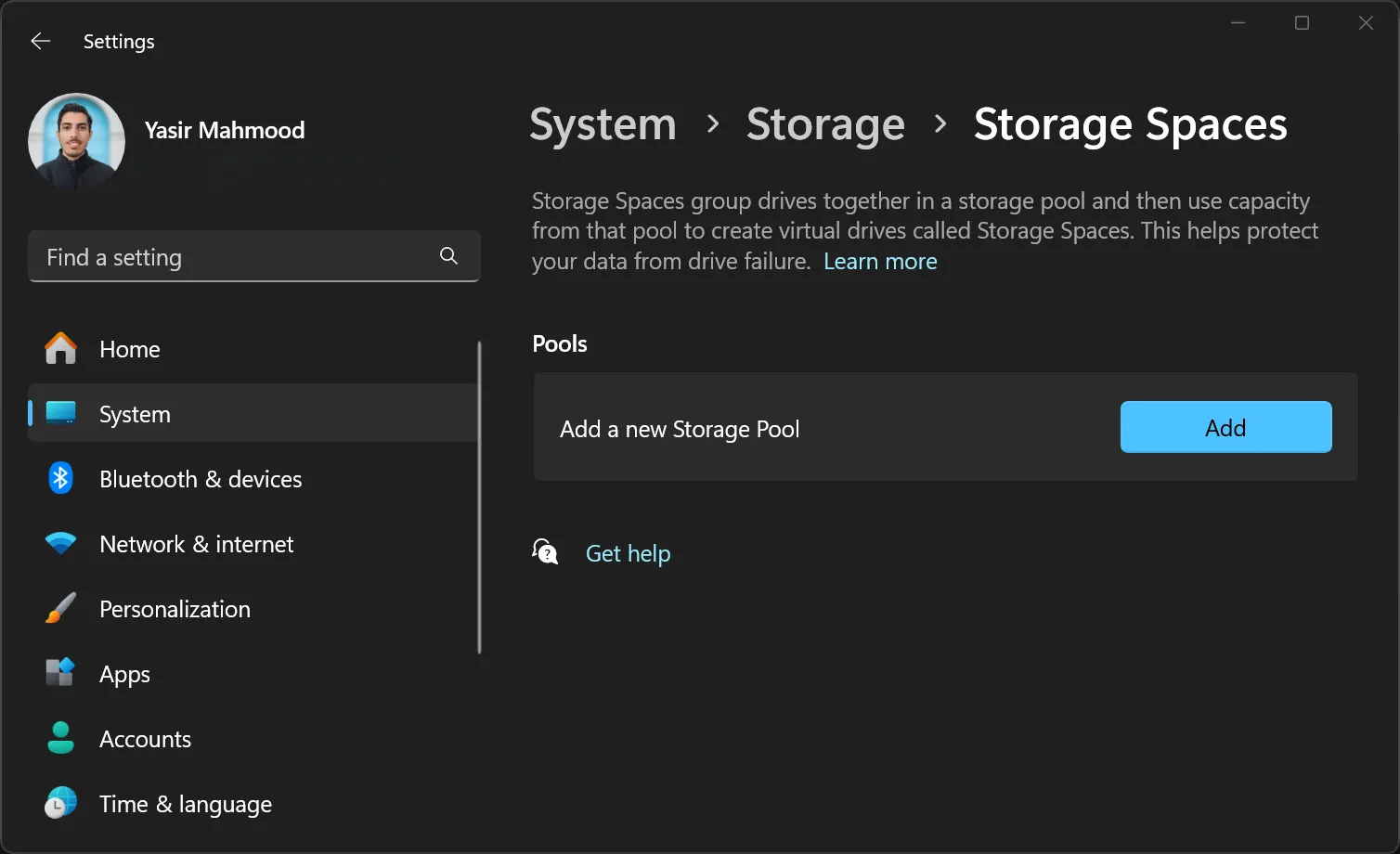 Cửa sổ cài đặt Storage Spaces trong Windows với tùy chọn tạo vùng lưu trữ mới