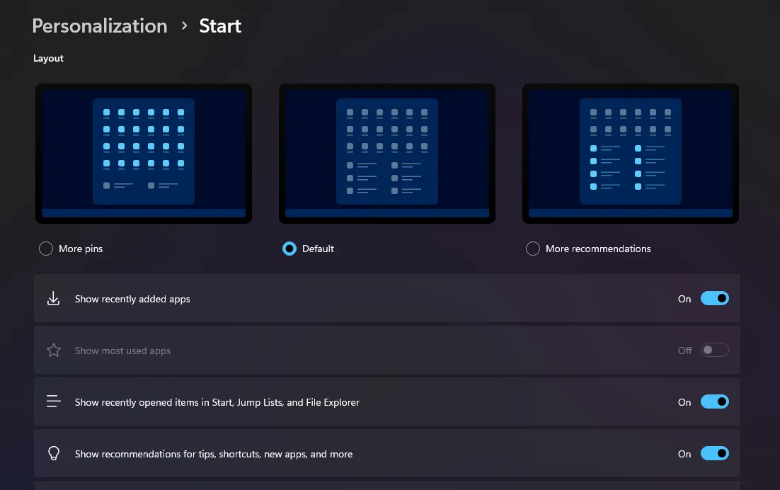 Cửa sổ cài đặt tùy chỉnh Start Menu Windows 11, hiển thị các tùy chọn gợi ý ứng dụng và mục gần đây