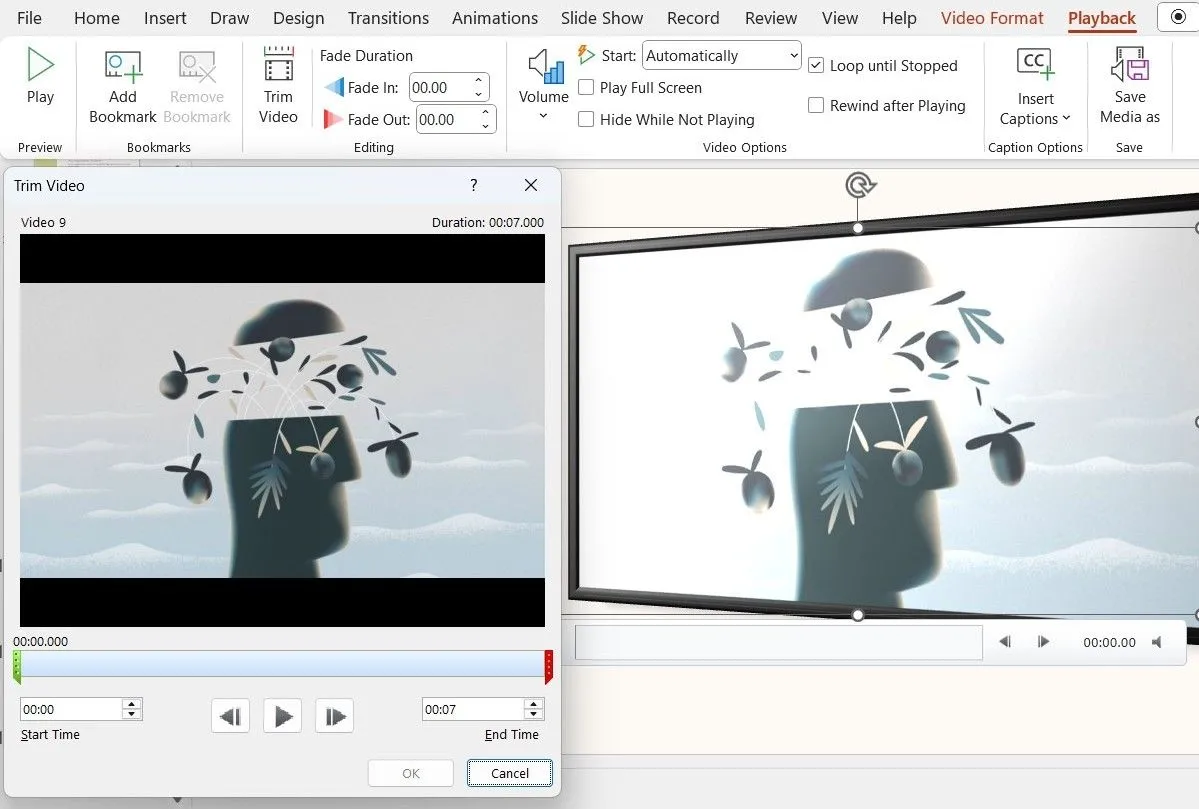 Cửa sổ cắt tỉa video trong PowerPoint hiển thị các tùy chọn chỉnh sửa thời lượng video