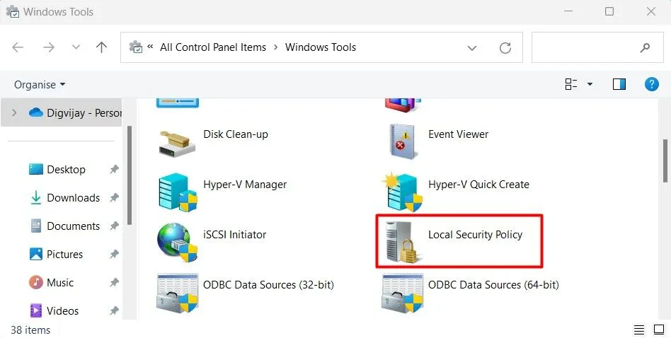 Cửa sổ Chính sách bảo mật cục bộ trên Windows sau khi mở từ Control Panel