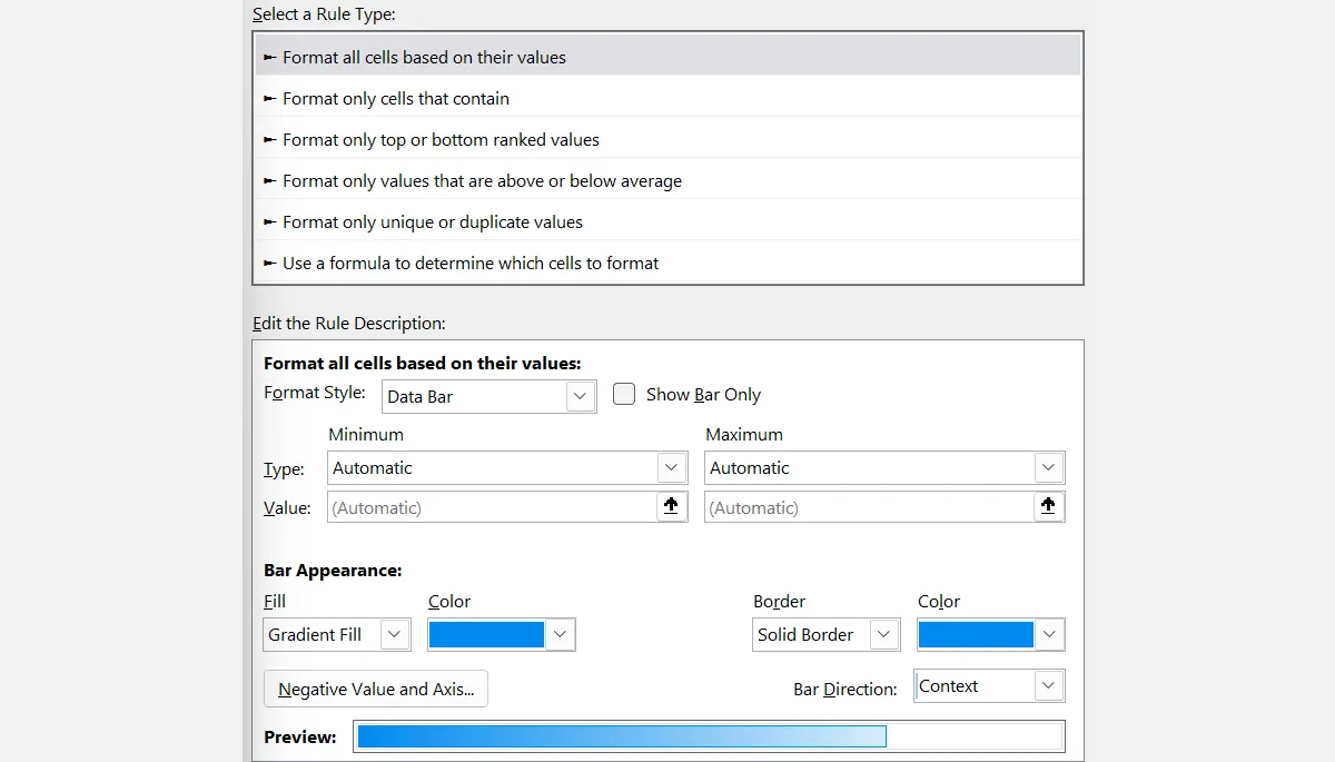 Cửa sổ &quot;Chỉnh sửa Quy tắc Định dạng&quot; để tùy chỉnh sâu các thuộc tính của Data Bars trong Microsoft Excel