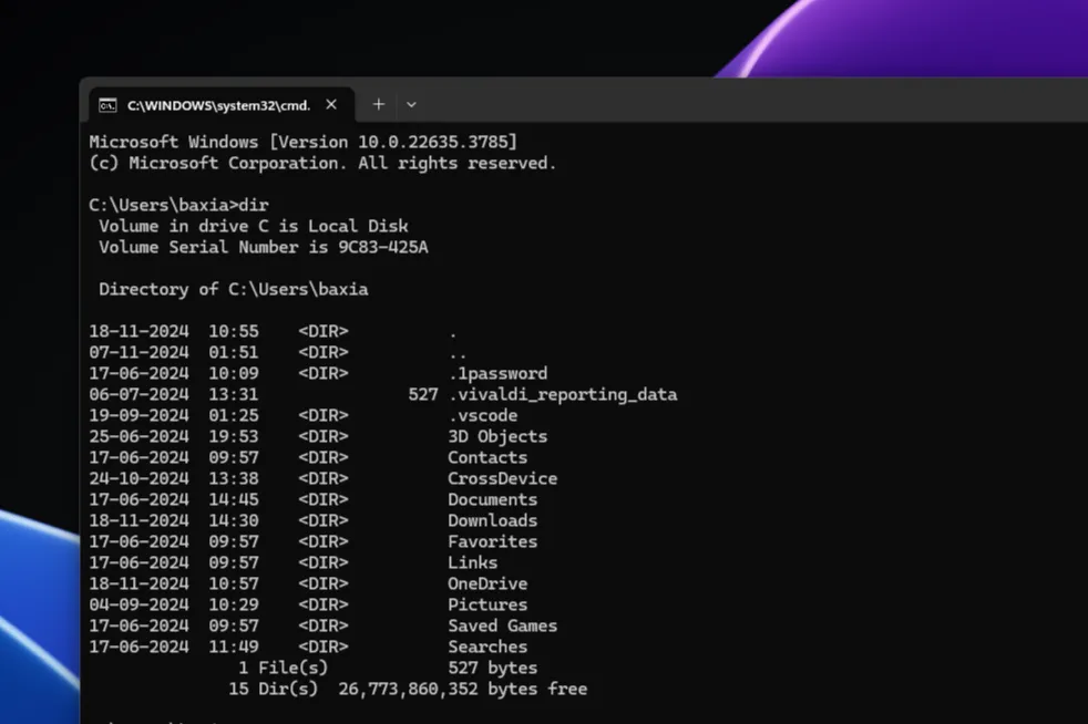 Cửa sổ Command Prompt (CMD) trên Windows 11 hiển thị giao diện dòng lệnh