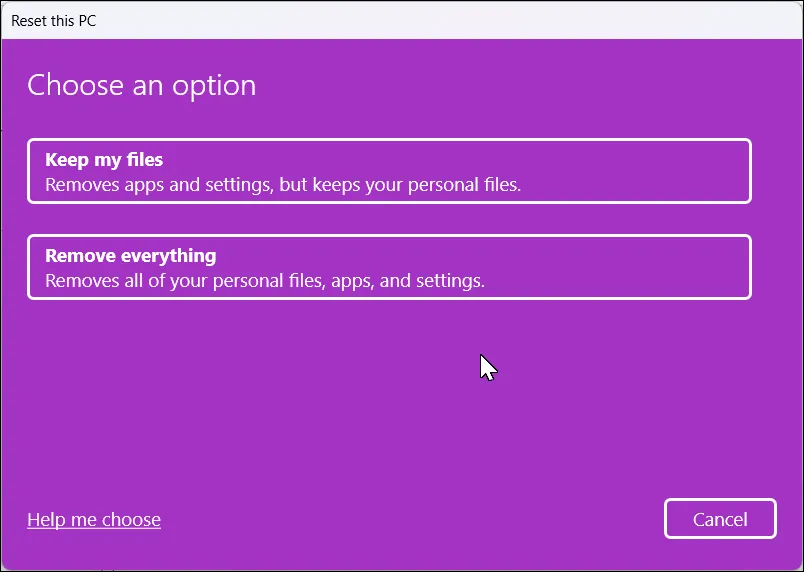 Cửa sổ &quot;Đặt lại PC này&quot; với các tùy chọn đặt lại trong Windows 11