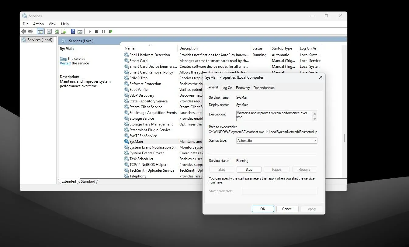 Cửa sổ Dịch vụ Windows hiển thị trạng thái và tùy chọn cấu hình của dịch vụ SysMain