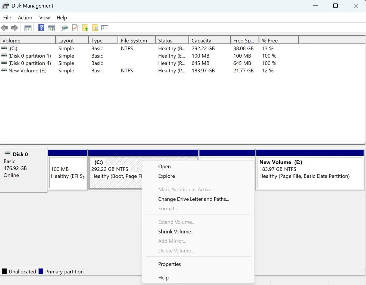 Cửa sổ Disk Management trong Windows 11 hiển thị các tùy chọn quản lý và tạo phân vùng ổ đĩa để bảo vệ dữ liệu.