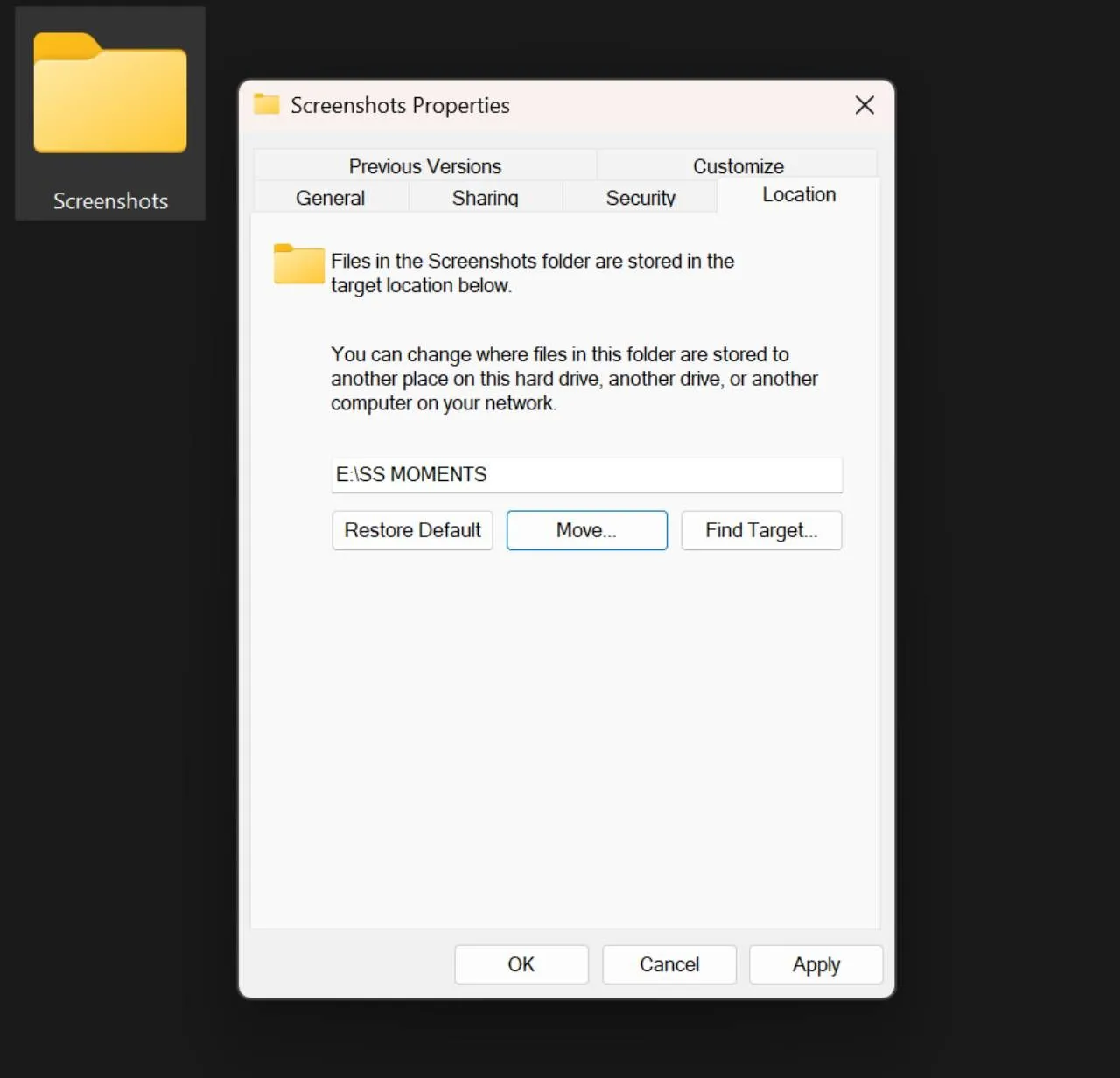 Cửa sổ File Explorer với tab Vị trí được chọn, hiển thị đường dẫn thư mục lưu ảnh chụp màn hình.