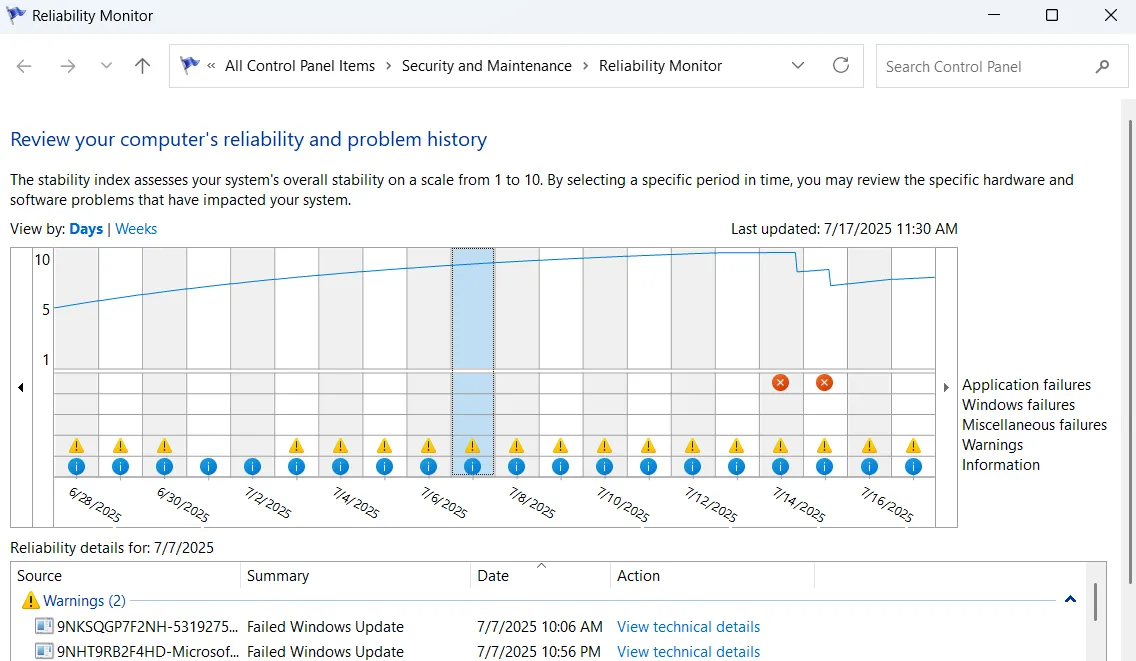 Cửa sổ Giám Sát Độ Tin Cậy (Reliability Monitor) hiển thị tình trạng hệ thống Windows 11