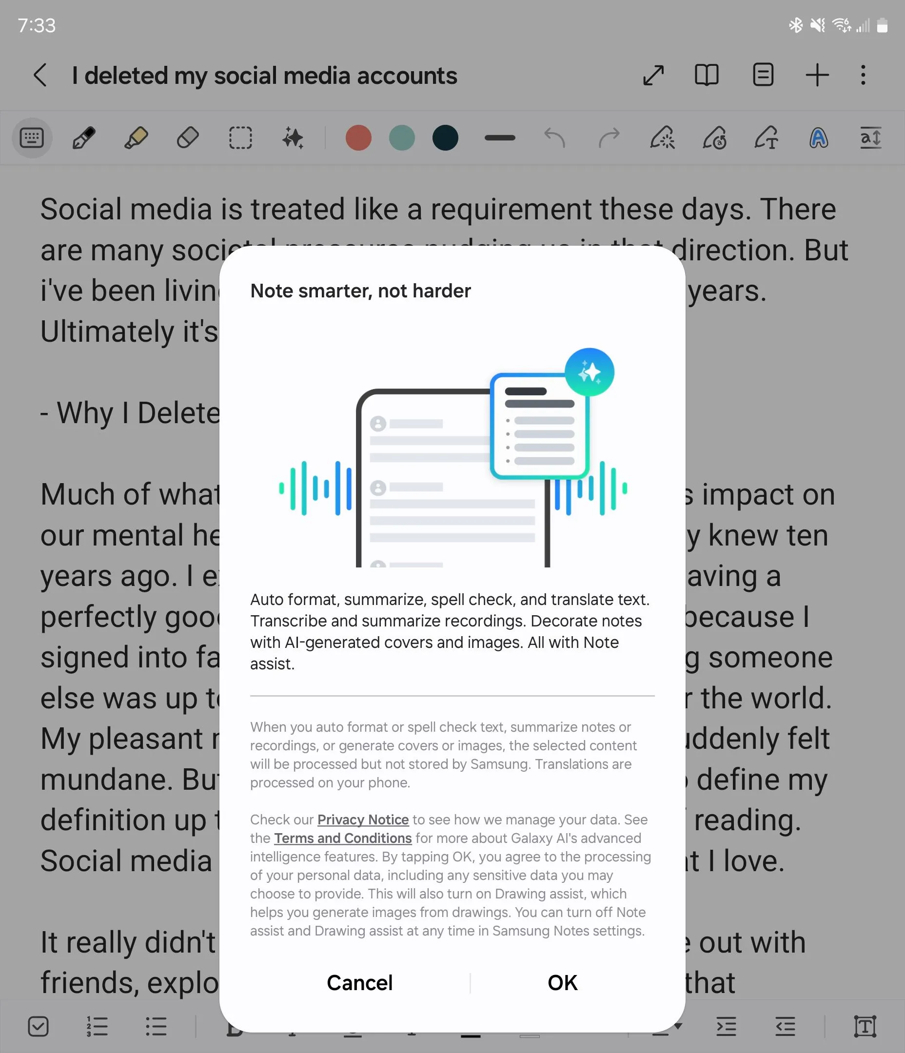 Cửa sổ giới thiệu tính năng Trợ lý Ghi chú (Note Assist) trong ứng dụng Samsung Notes, minh họa khả năng AI tóm tắt và định dạng ghi chú.