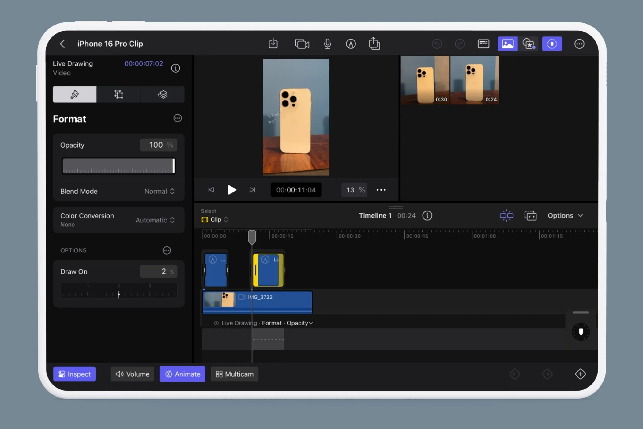 Cửa sổ Inspect hiển thị các tùy chọn tùy chỉnh Opacity, Blend Mode và Draw On cho Live Drawing trong Final Cut Pro iPad