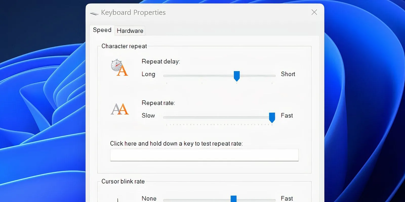 Cửa sổ Keyboard Properties hiển thị tùy chỉnh Repeat delay và Repeat rate
