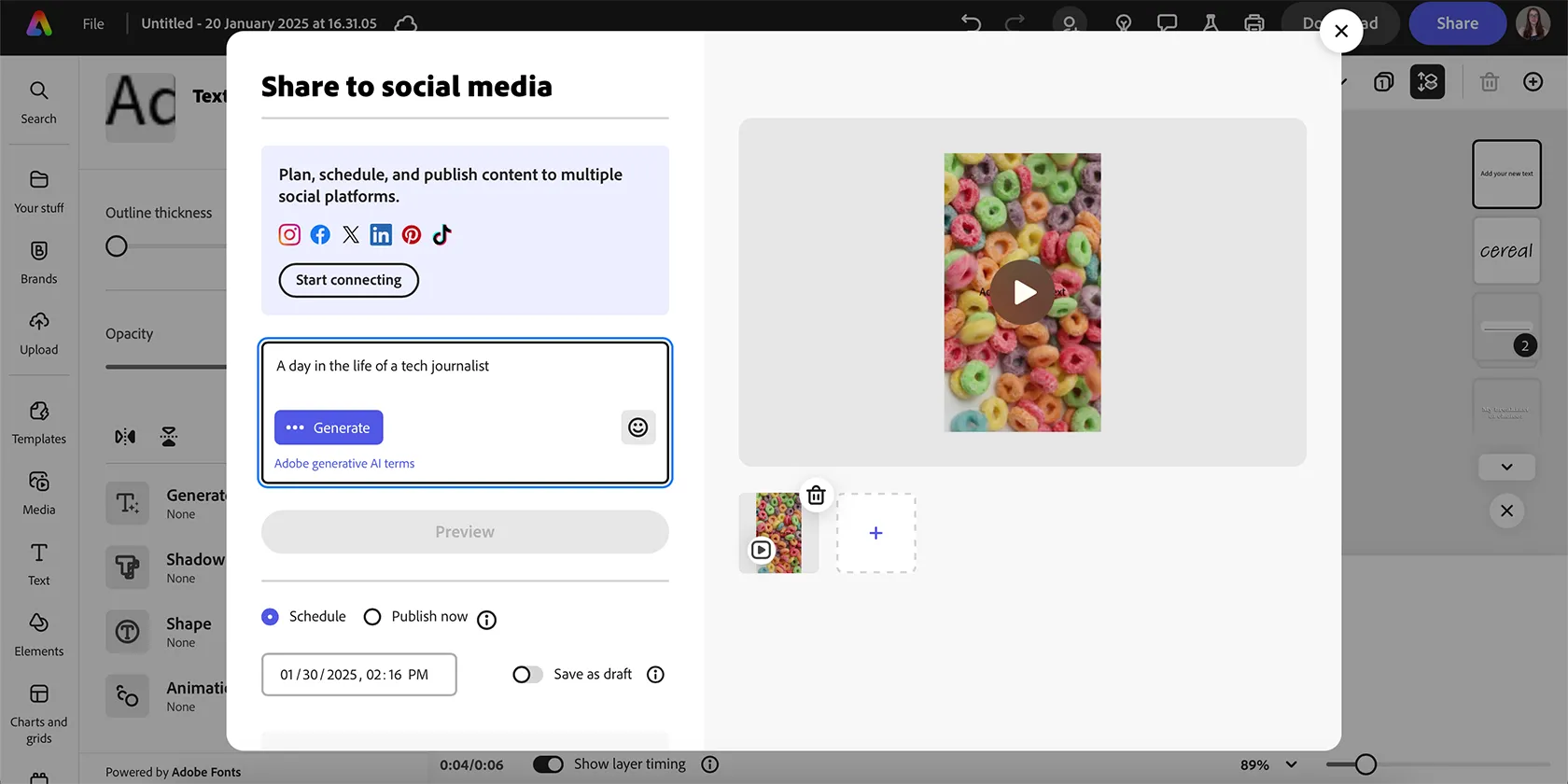 Cửa sổ pop-up chia sẻ trực tiếp tác phẩm từ Adobe Express lên các nền tảng mạng xã hội như Instagram và Facebook.