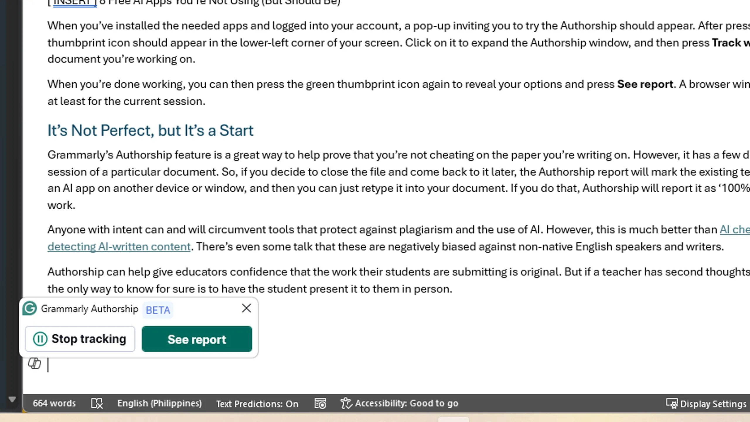 Cửa sổ pop-up giới thiệu tính năng theo dõi viết bài Grammarly Authorship
