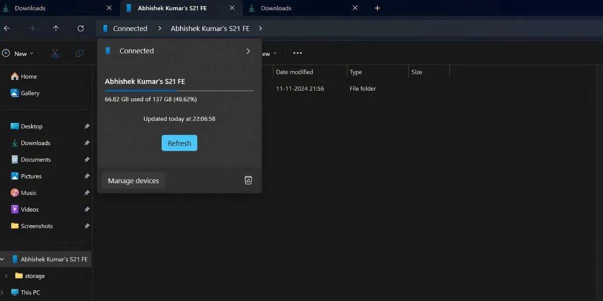 Cửa sổ pop-up trạng thái kết nối điện thoại trong File Explorer của Windows 11