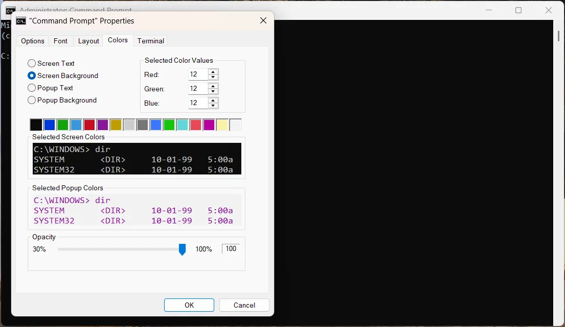 Cửa sổ Properties của Command Prompt trên Windows, hiển thị các tab tùy chỉnh font chữ và màu sắc