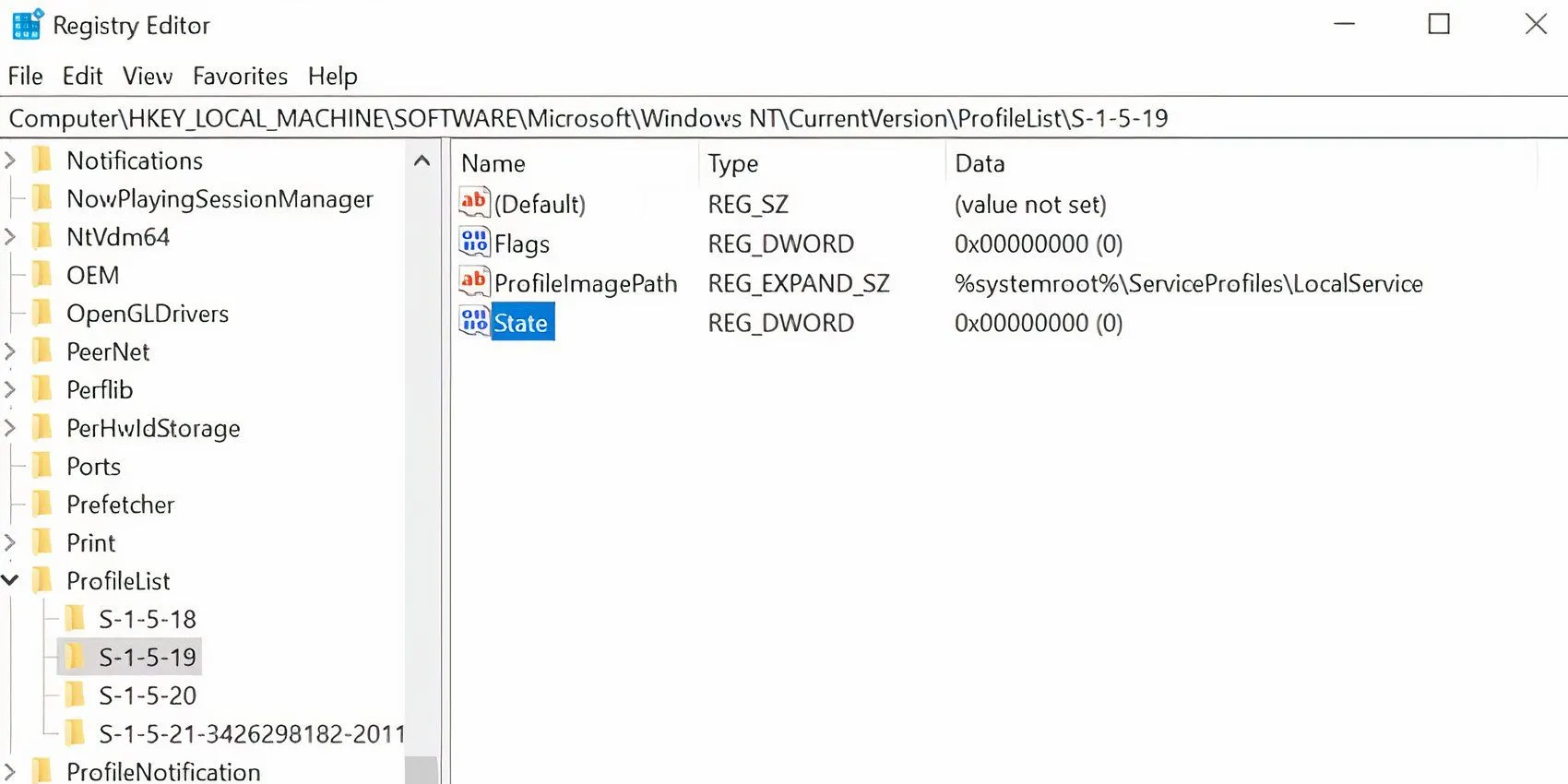 Cửa sổ Registry Editor hiển thị khóa con Profile List cần chỉnh sửa để khắc phục lỗi hồ sơ người dùng.