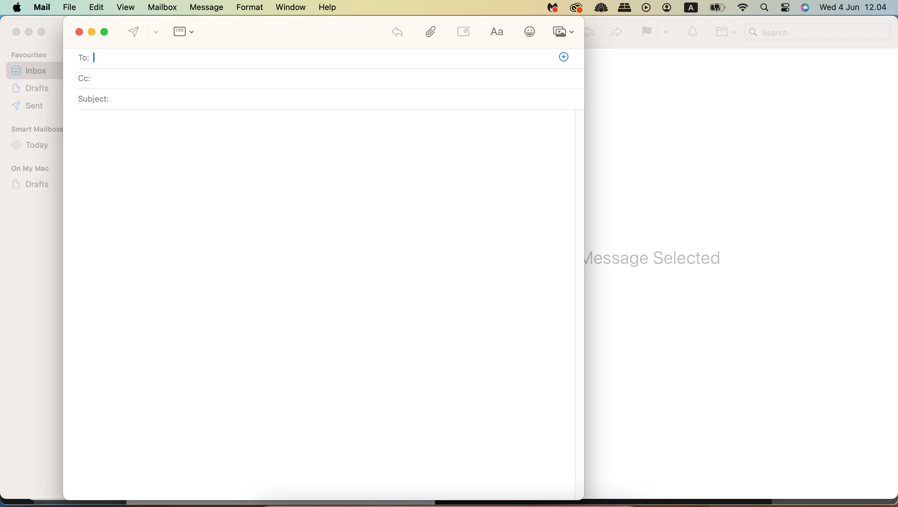 Cửa sổ soạn thảo email trong ứng dụng Apple Mail, cho thấy giao diện đơn giản khi viết thư mới