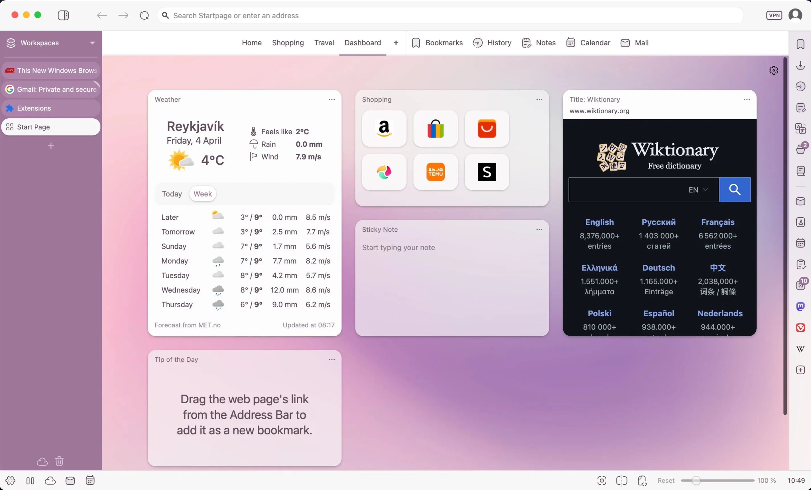 Cửa sổ tab mới của trình duyệt Vivaldi với giao diện dashboard tùy chỉnh