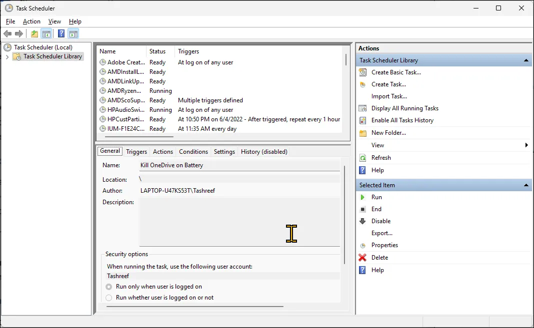 Cửa sổ 'Tạo Tác vụ mới' trong Task Scheduler trên Windows 11, hiển thị các tùy chọn thiết lập tác vụ tự động.