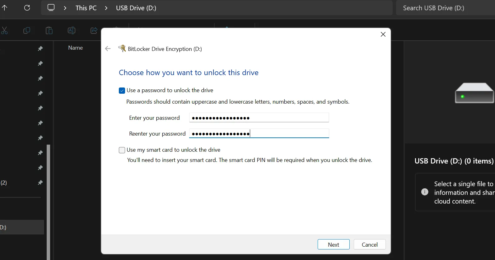 Cửa sổ thiết lập mật khẩu cho ổ đĩa USB khi sử dụng BitLocker để mã hóa