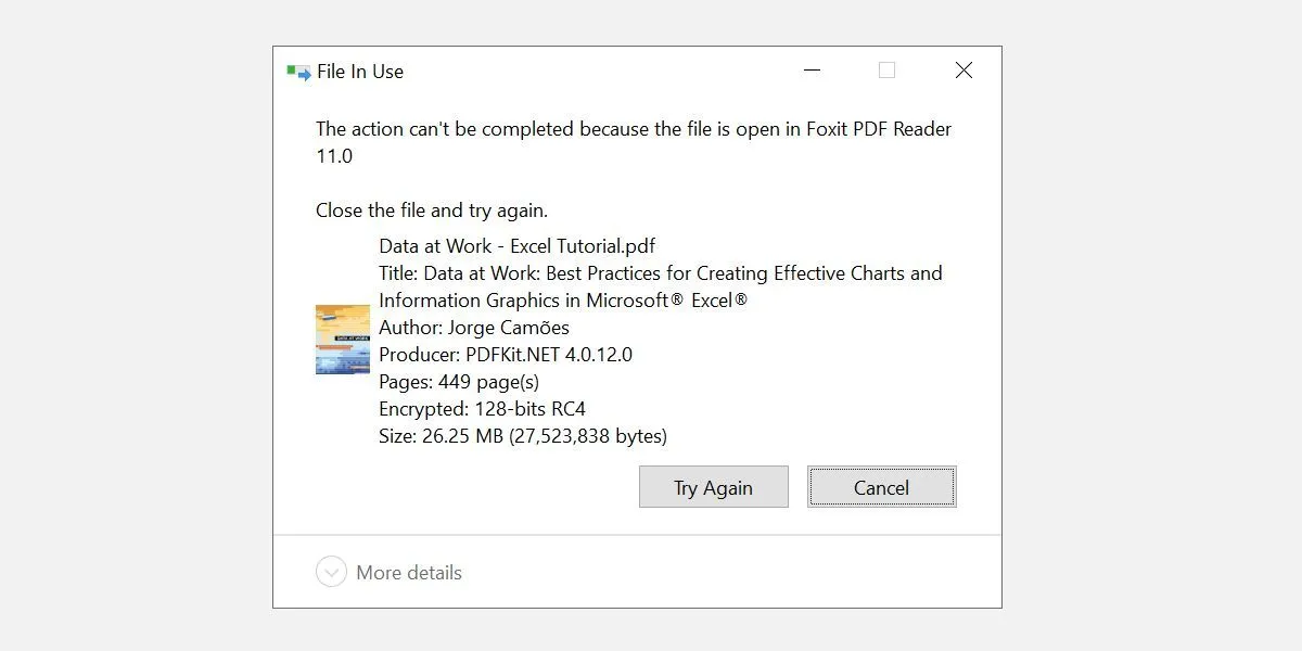 Cửa sổ thông báo lỗi "File In Use" trên Windows 10 khi cố gắng xóa tệp PDF đang mở.