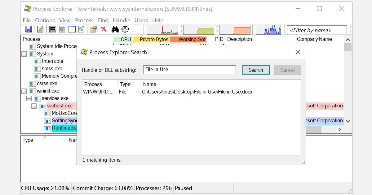 Cửa sổ tìm kiếm trong Process Explorer hiển thị các tiến trình đang truy cập một file cụ thể.