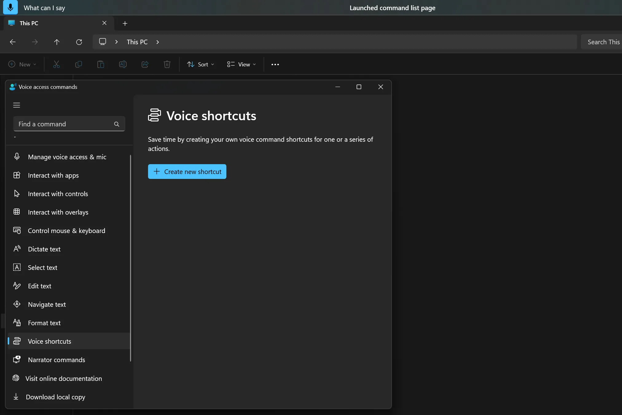 Cửa sổ tùy chỉnh phím tắt giọng nói Voice Access của Windows 11, cho phép người dùng tạo các lệnh cá nhân hóa để điều khiển PC.