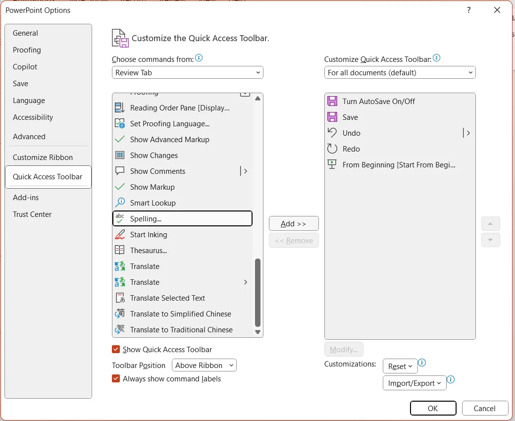 Cửa sổ tùy chỉnh Quick Access Toolbar trong PowerPoint, minh họa cách thêm lệnh vào thanh.